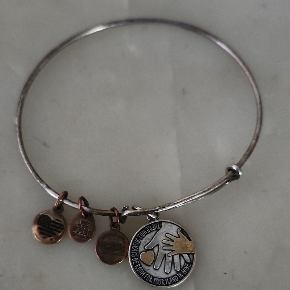 Alex and Ani Hand In Hand Silver Bangle with Gold and Copper Charms